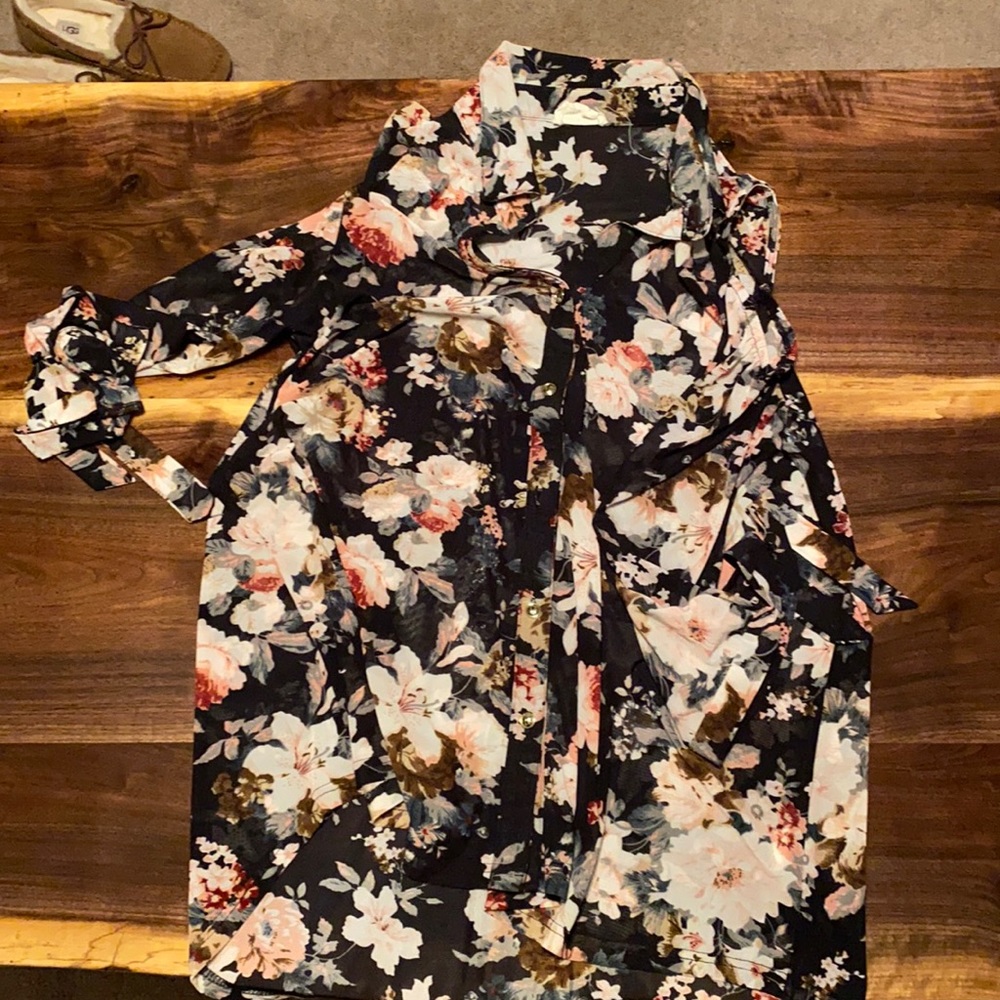 Button down cold shoulder floral dress shirt.